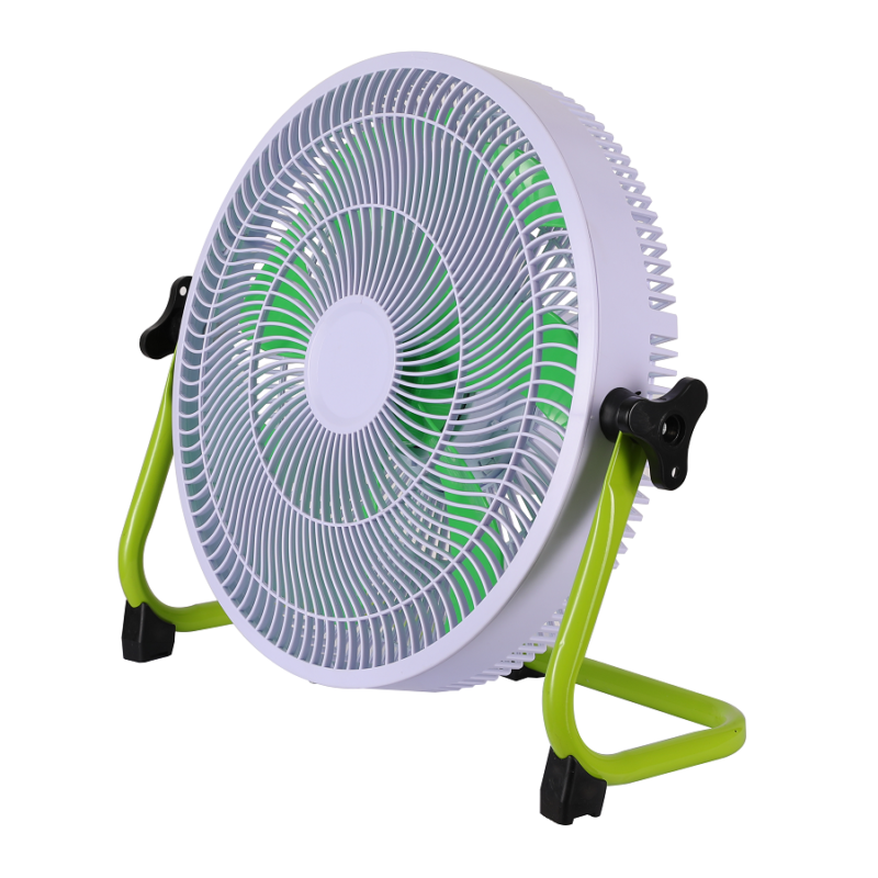 12-inch rechargeable floor fan with 360-degree tilt adjustment frame