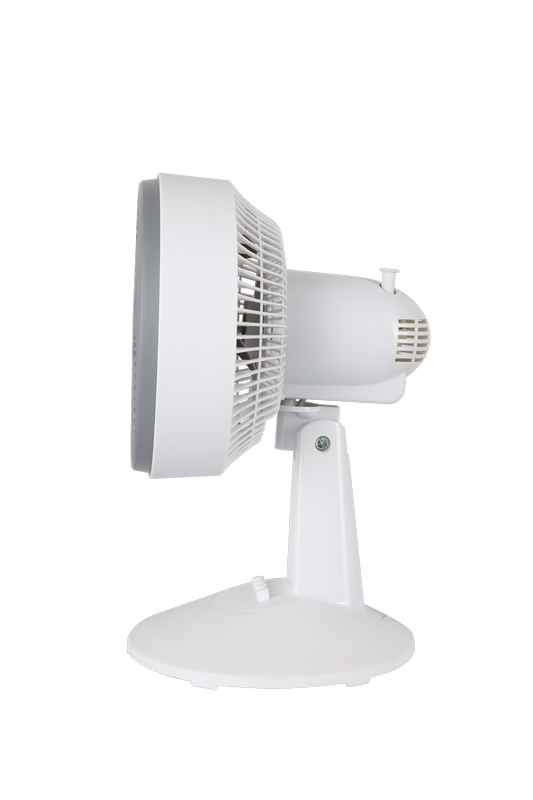 Portable white cooling table fan with 150cm power cord and tilt adjustment