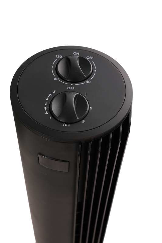 29-inch-tower-fan-top-dual-rotary-knob-control Top-mounted dual rotary control knobs for speed and 120-minute timer on tower fan