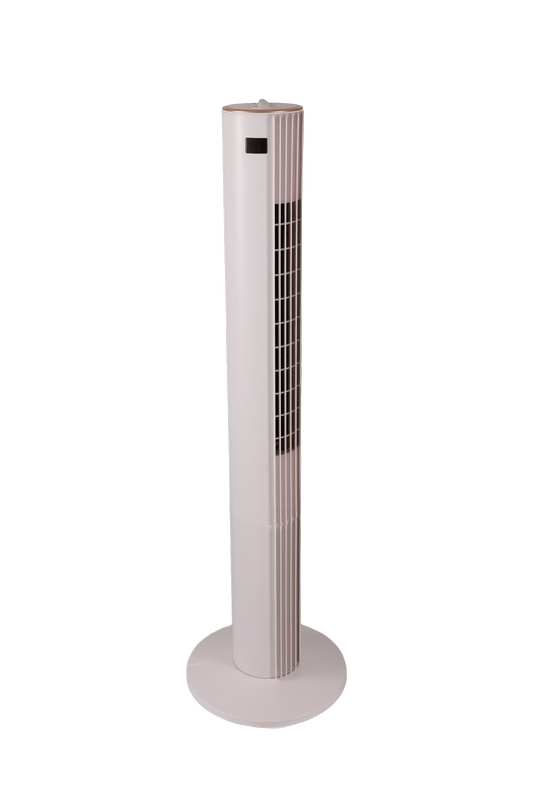 40-inch electric tower cooling fan with golden ring side perspective view
