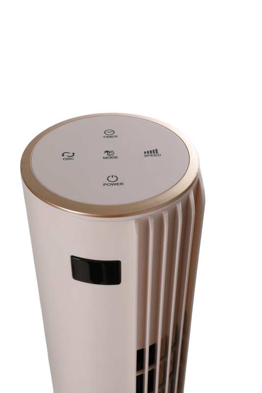 40-inch-tower-fan-top-dual-rotary-knobs-gold-ring Top-mounted dual rotary control knobs with elegant golden accent ring on 40-inch tower fan
