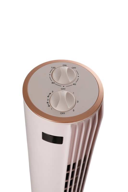40-inch-tower-fan-top-dual-rotary-knobs-gold-ring Top-mounted dual rotary control knobs with elegant golden accent ring on 40-inch tower fan