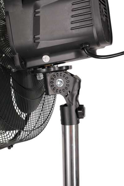 Heavy-duty tilt adjustment mechanism and oscillation lock on commercial stand fan
